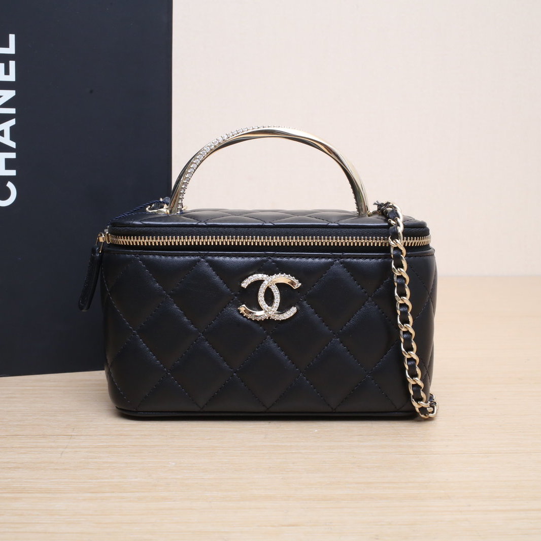 99新 Chanel/香奈儿 花花24K 长盒子化妆包 带镜子 16CM 黑色