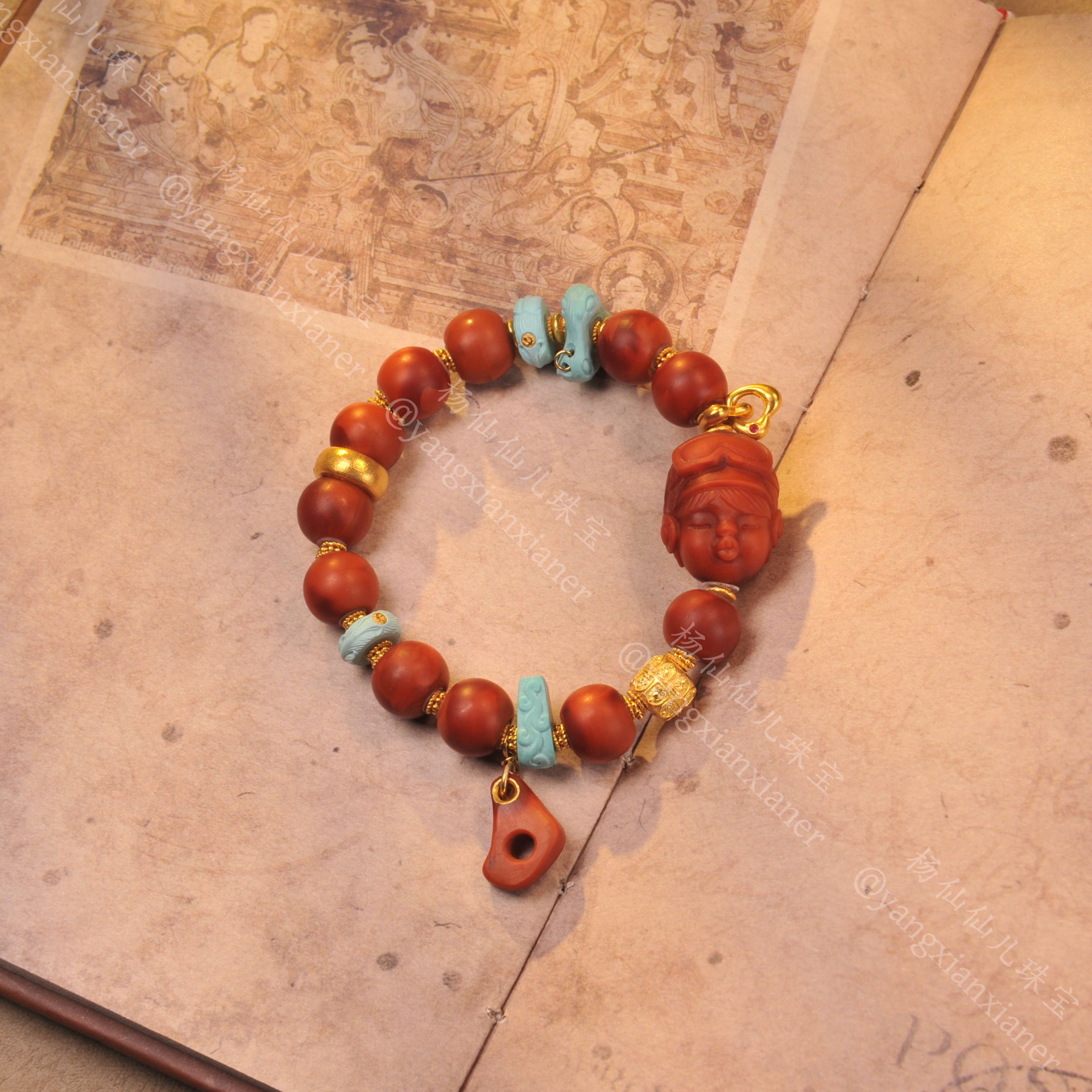 【杨仙仙珠宝】18K厚金镶嵌原矿南红多宝手串（10mm+）-1400