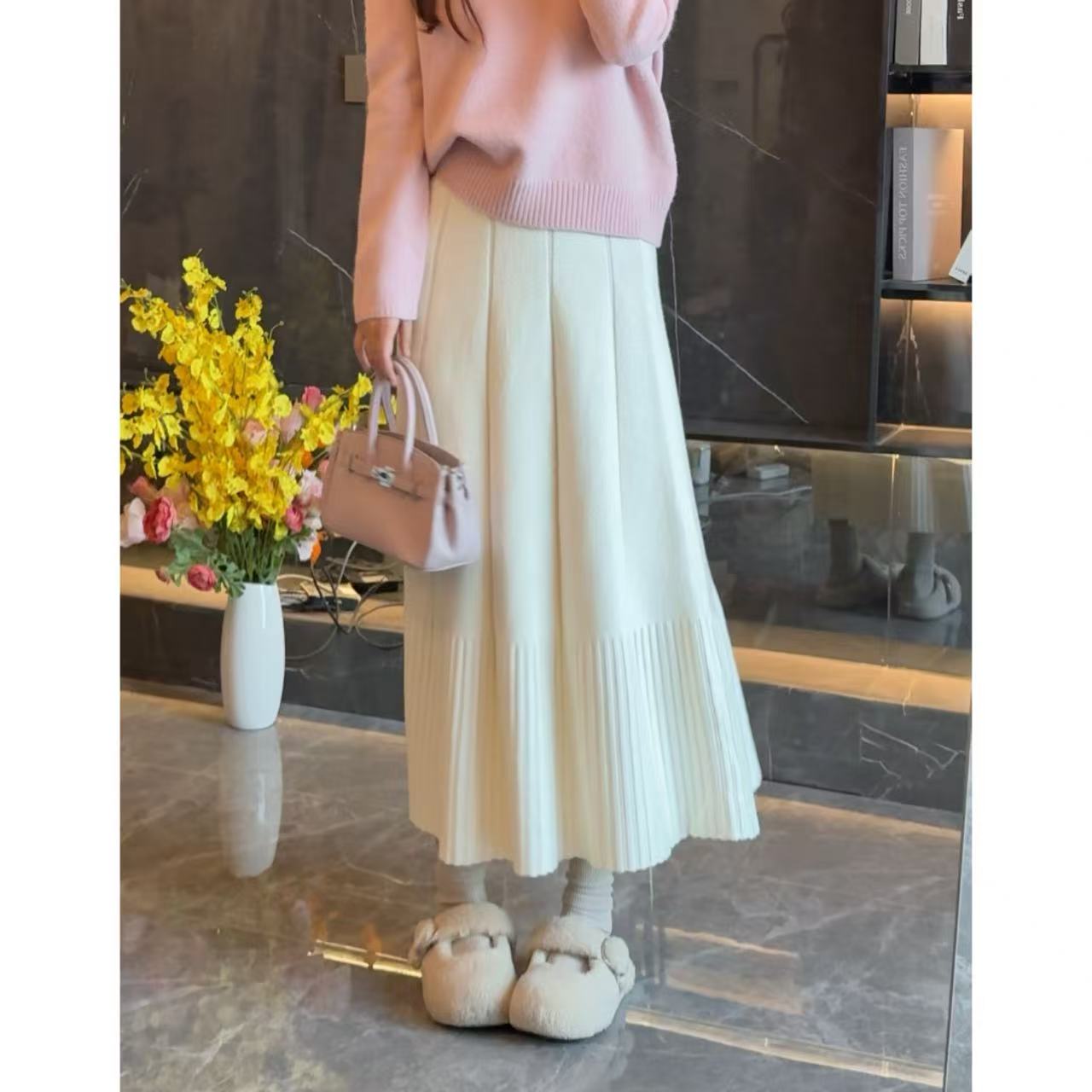 9007针织半身裙女秋冬新款小个子高腰显瘦中长款垂感A字伞裙长裙