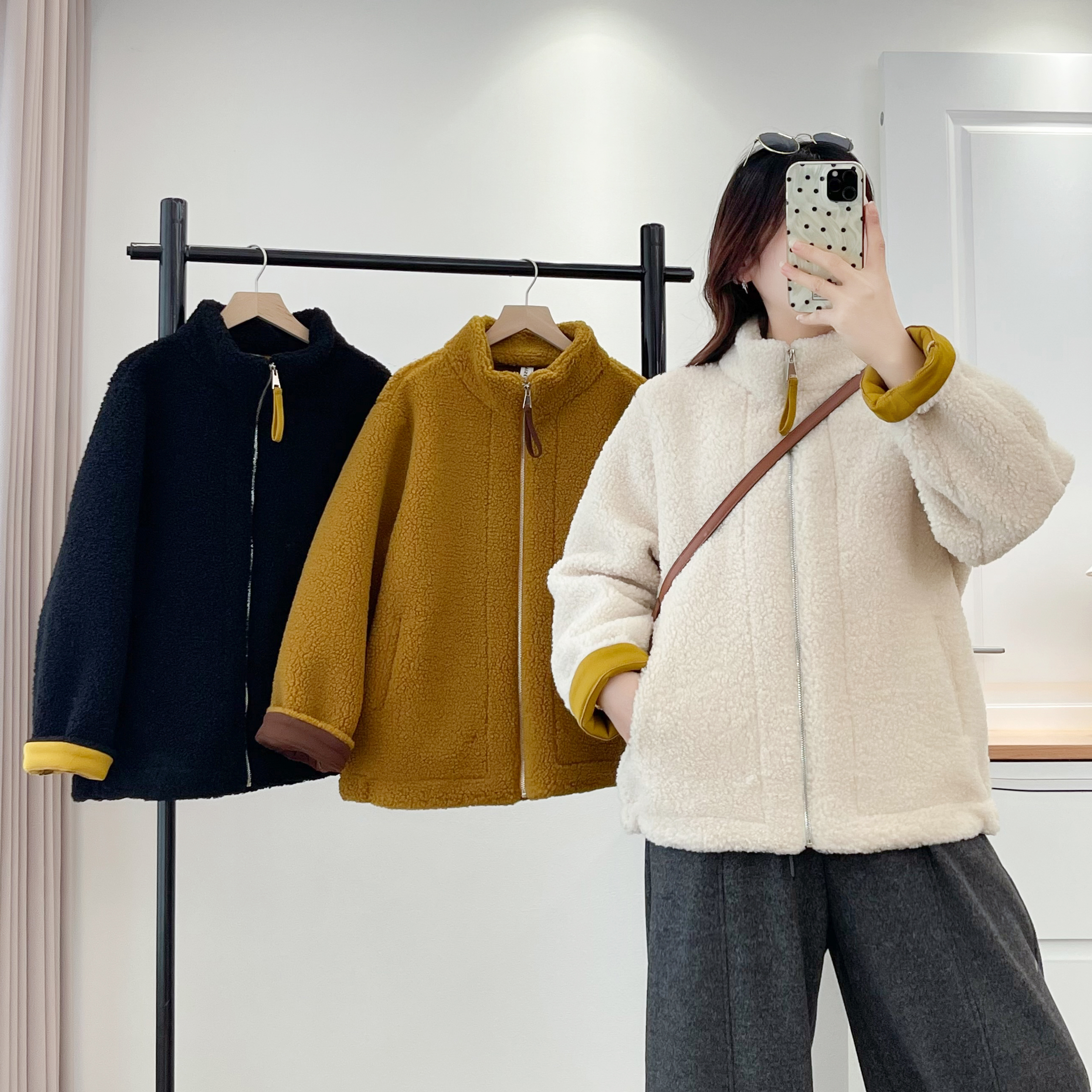 卡洛町大码女装110-200斤冬季新款时尚百搭拉链毛毛显瘦外套2596