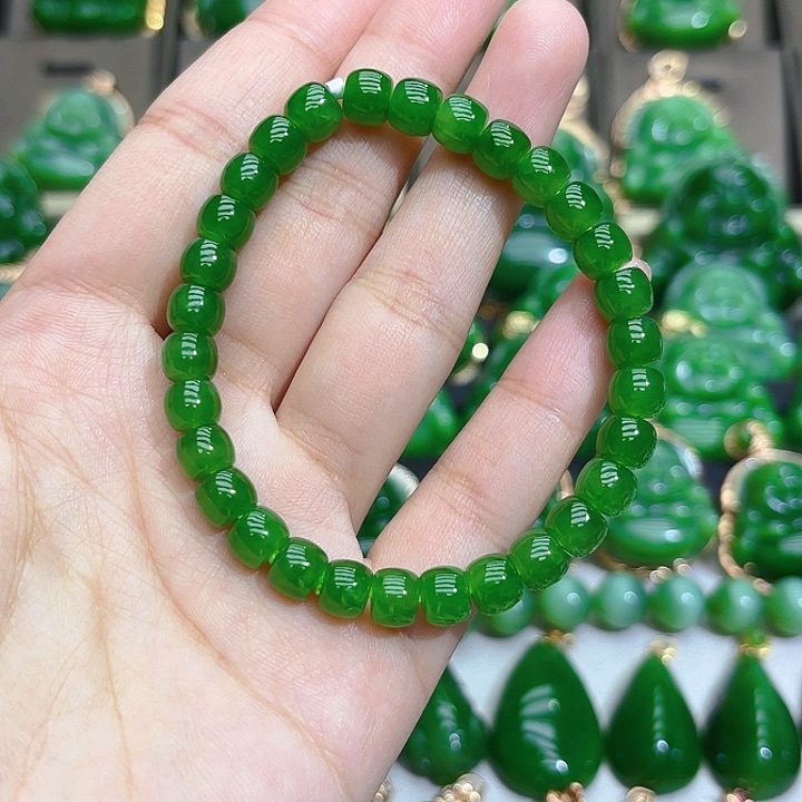 和田玉（碧玉）手串未镶嵌苹果绿直切单圈7m手串