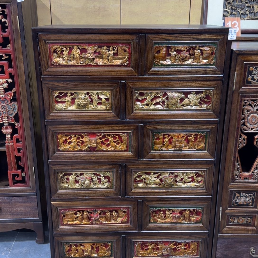 远***海圆角款大理石榉木复古家具十二斗柜