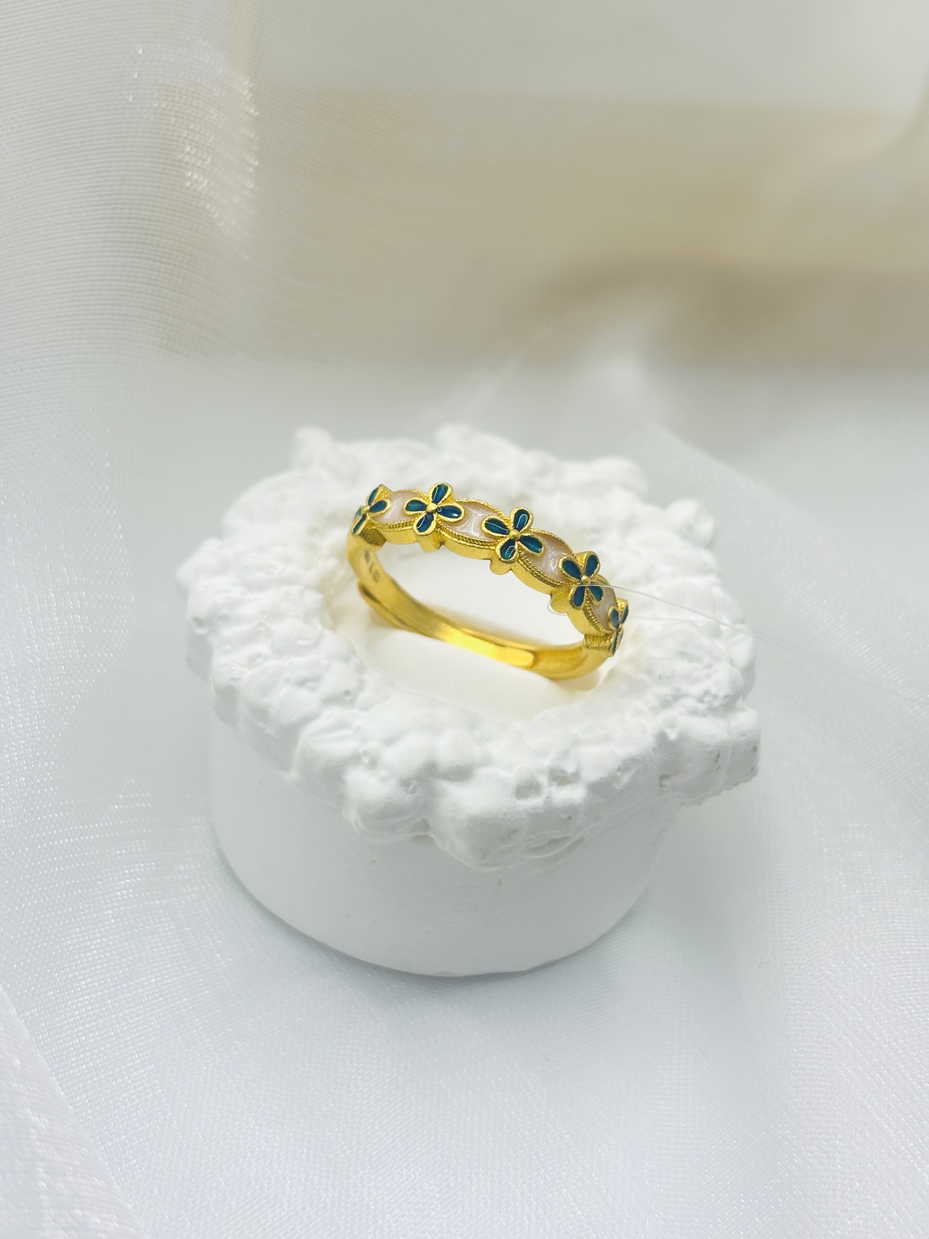 SUNFEEL/赛菲尔【克莱茵蓝】②足金999黄金珐琅彩花解语戒指