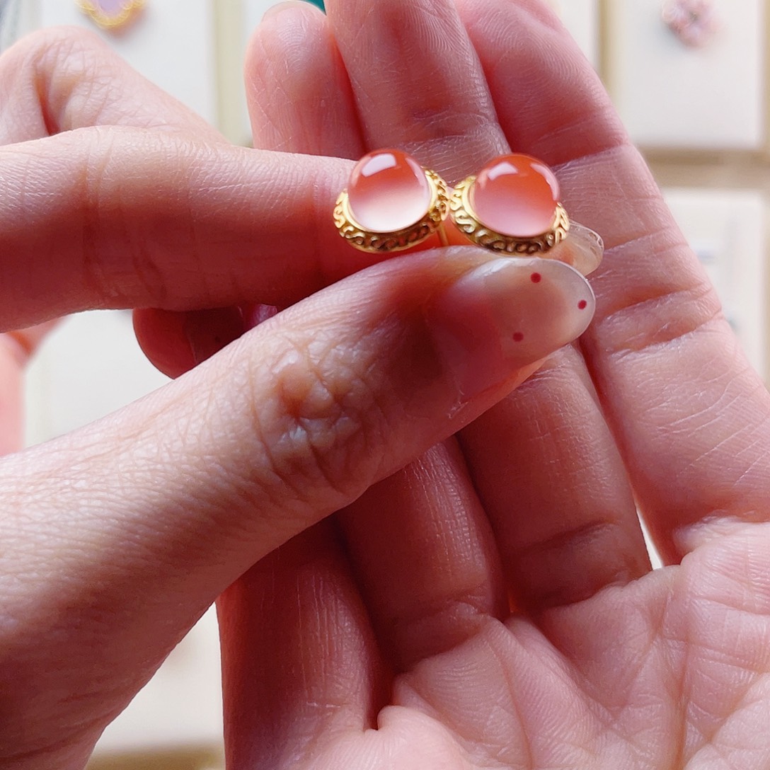 南红玛瑙银S925镀金镶嵌耳饰