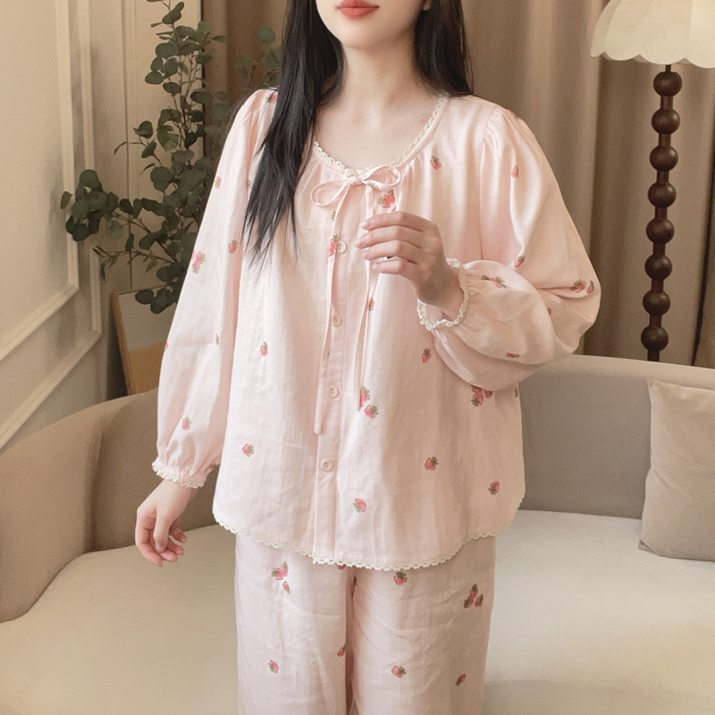 【5765草莓】春季甜美长袖纯棉纱布可外穿公主家居服睡衣宽松
