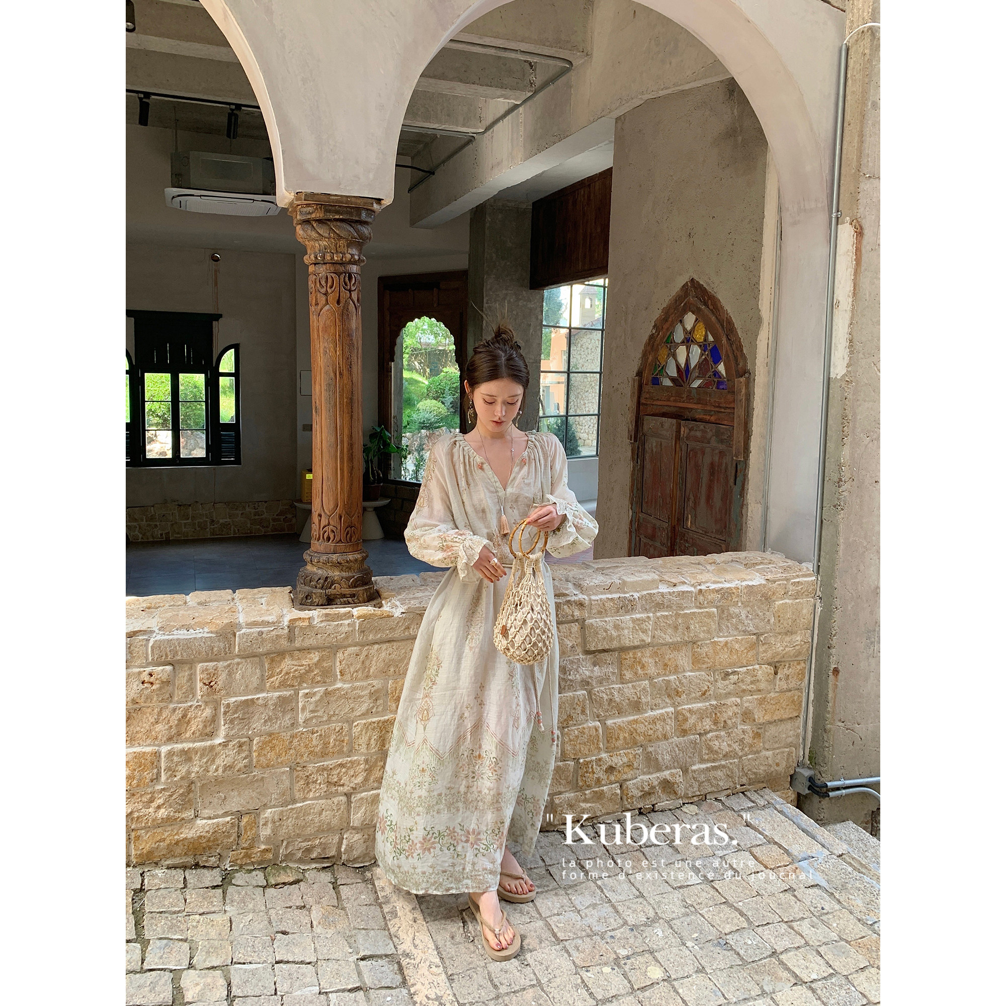 KUBERAS天丝亚麻植物晕染圆领长袖连衣裙休闲小众复古印花A字长裙