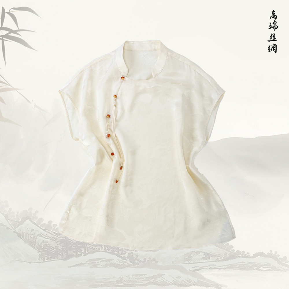 【鹊悦】品牌新款桑蚕丝印花立领提花短袖上衣51693