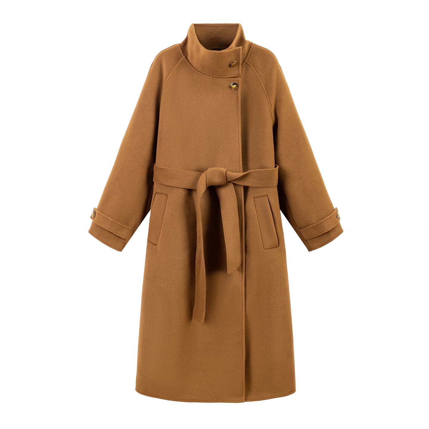 边芙卡高领手工毛呢外套长款羊毛大衣韩版宽松女680967-单驼