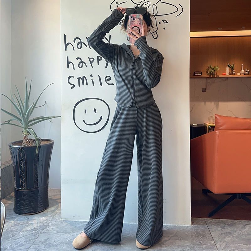 美式辣妹条纹卫衣裤子套装女秋季2025新款休闲运动帽衫两件套