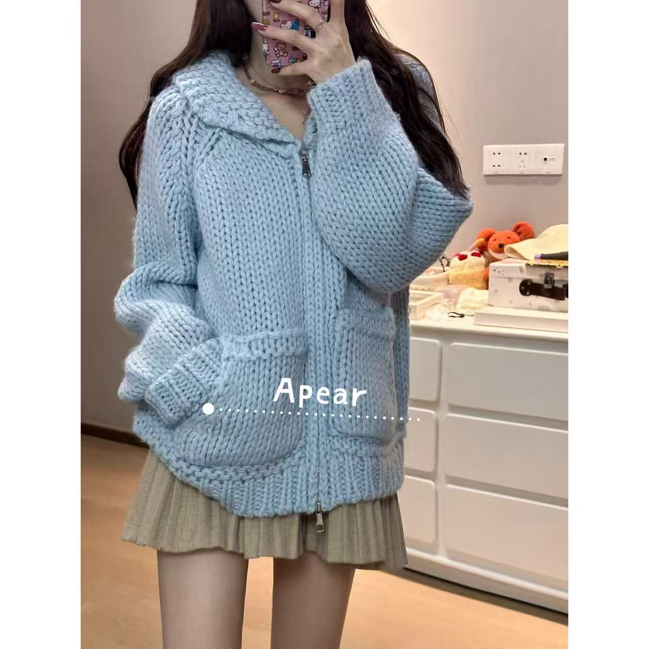 Apear♥清梦云烟~韩版百搭秋季宽松双头拉链设计粗线针织开衫