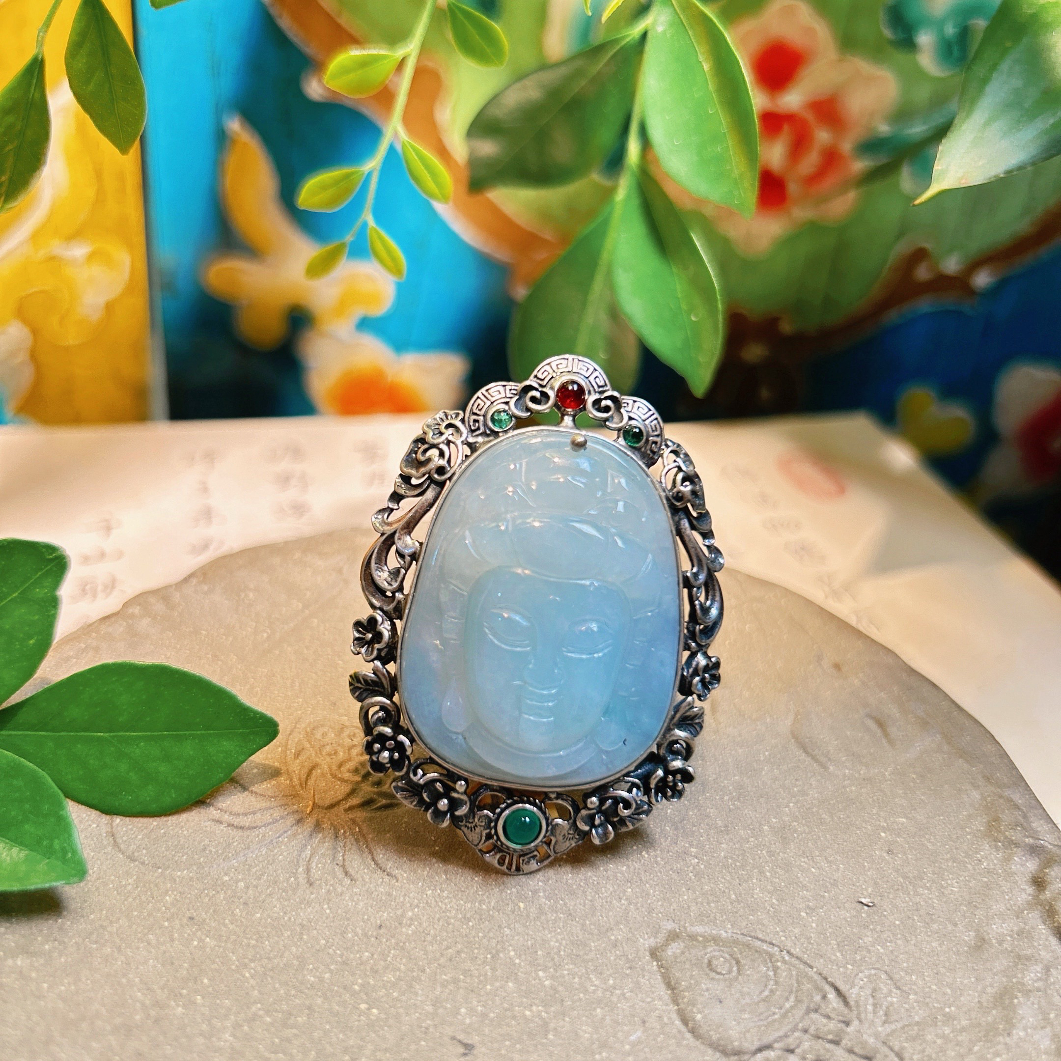 锦钰原创设计翡翠台湾工糯冰观音翡翠镶嵌戒指活口可调节