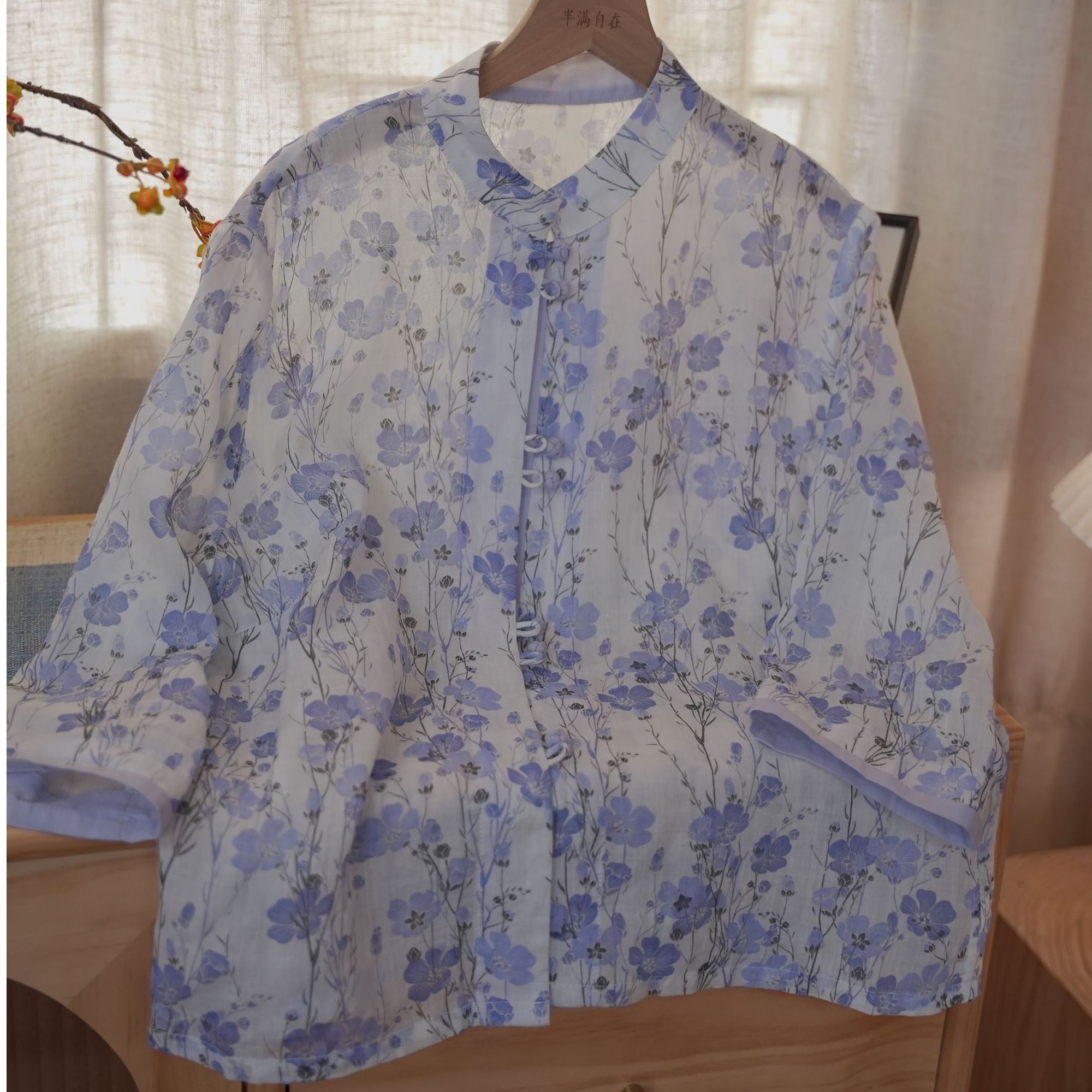 【墨染麻风】夏季素雅风印花上衣碎花衬衫小众高品质麻料衬衣女