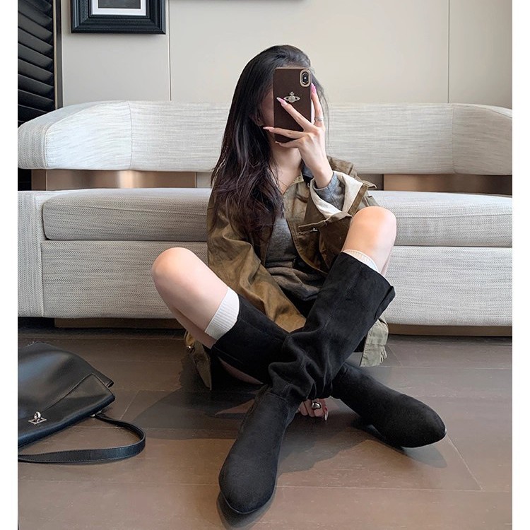 大婉酱微胖定制 涩谷靴V口尖头内增高粗跟高筒骑士靴女西部堆堆靴