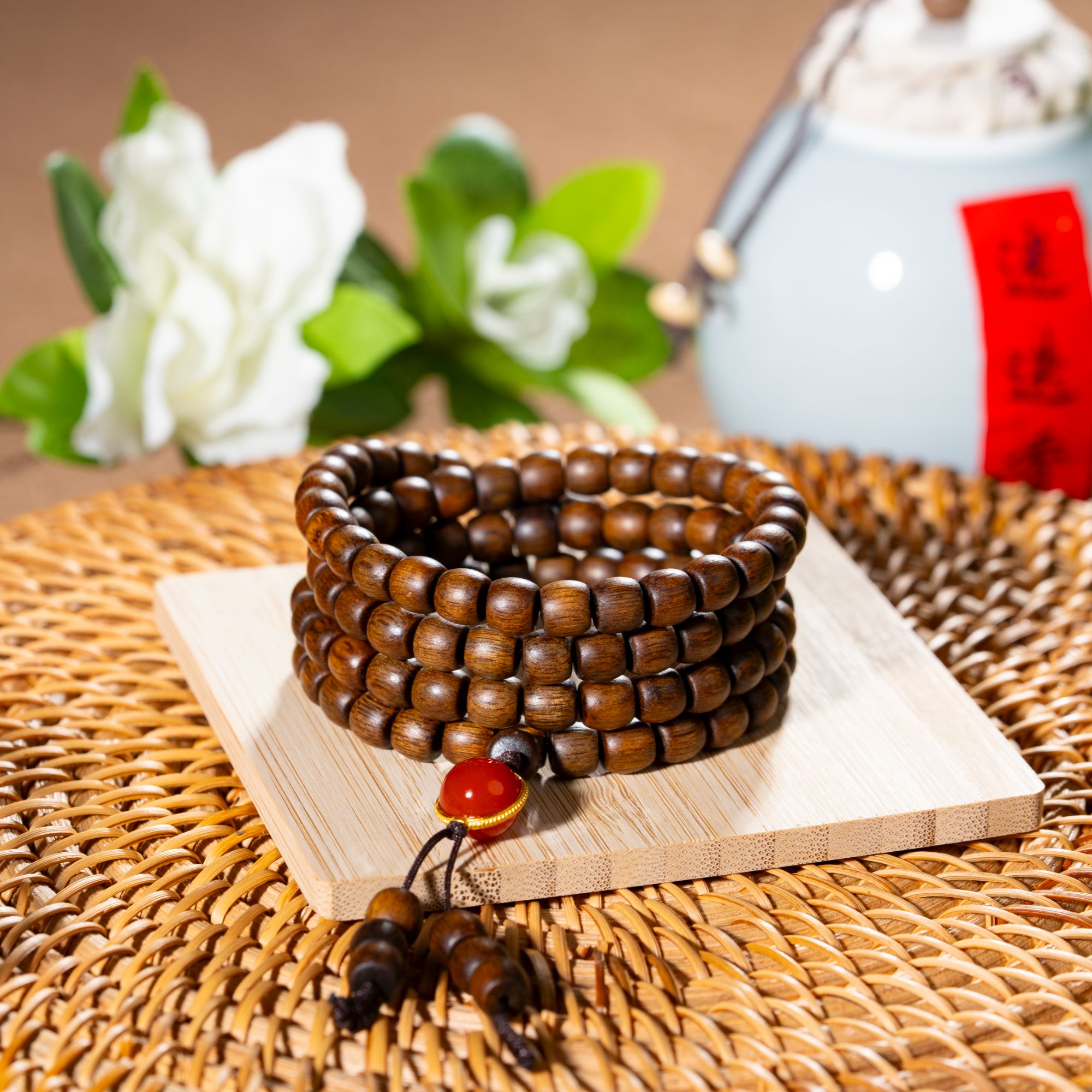 沉香越南芽庄黄棋楠玉化老料沉水6×108桶珠多圈+珠宝设计 