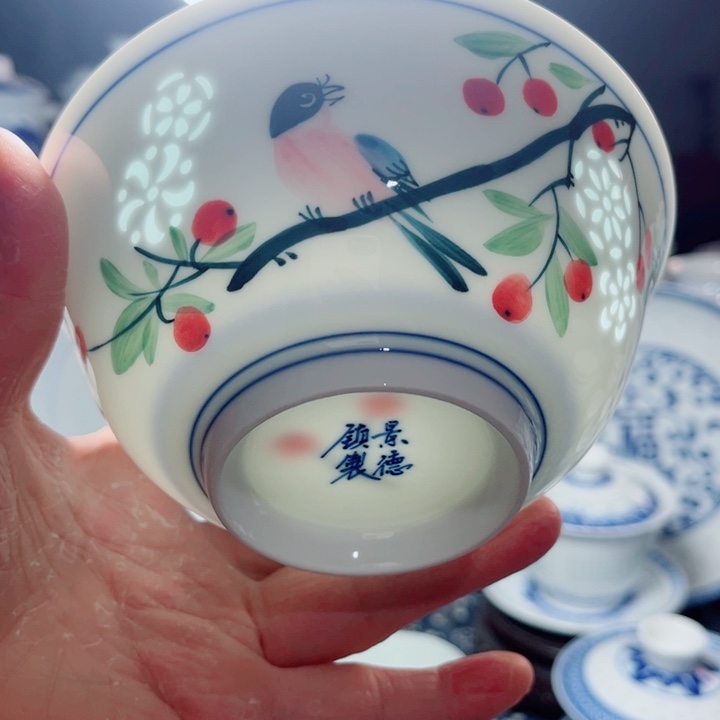 青花玲珑5寸饭碗手绘花鸟