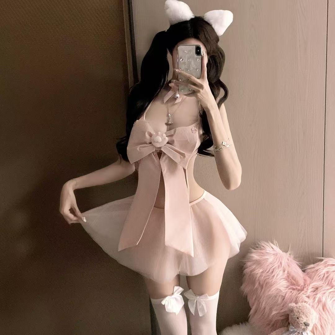 情侣趣味性感粉色蝴蝶结三点式纯欲诱惑拼接网纱微透睡衣睡裙战袍