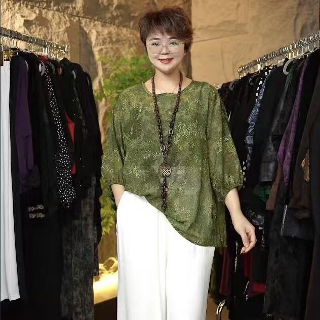 （F）206#1739-青绿竹叶圆领T恤-F