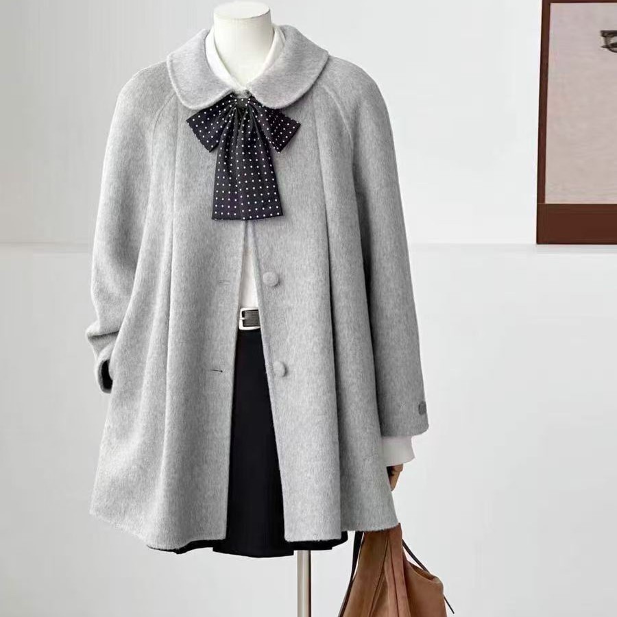 韩版灰色娃娃领蝴蝶结羊毛大衣小个子赫本风高级感外套
