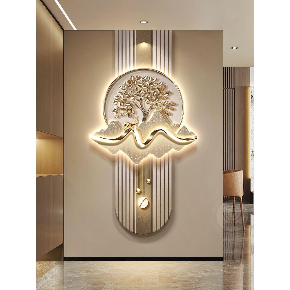 发财树大气玄关装饰画新中式山水走廊过道尽头挂画轻奢高档壁灯画