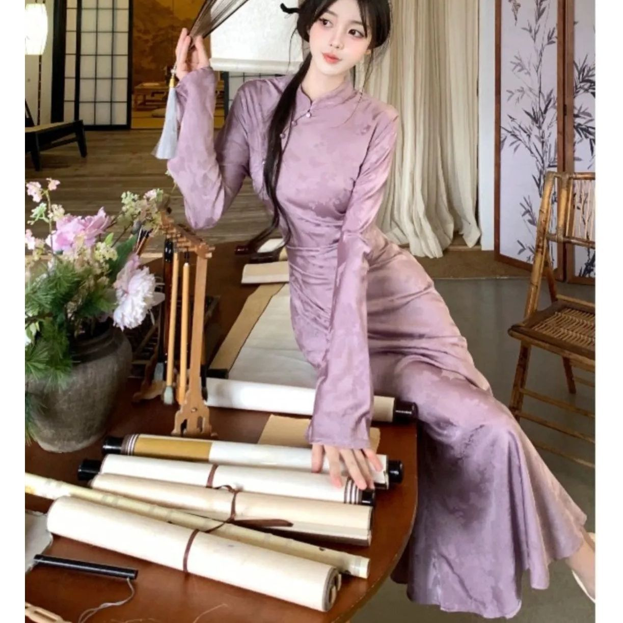 新中式女2025秋季性感修身显瘦改良旗袍紫色2025年流行网红裙子