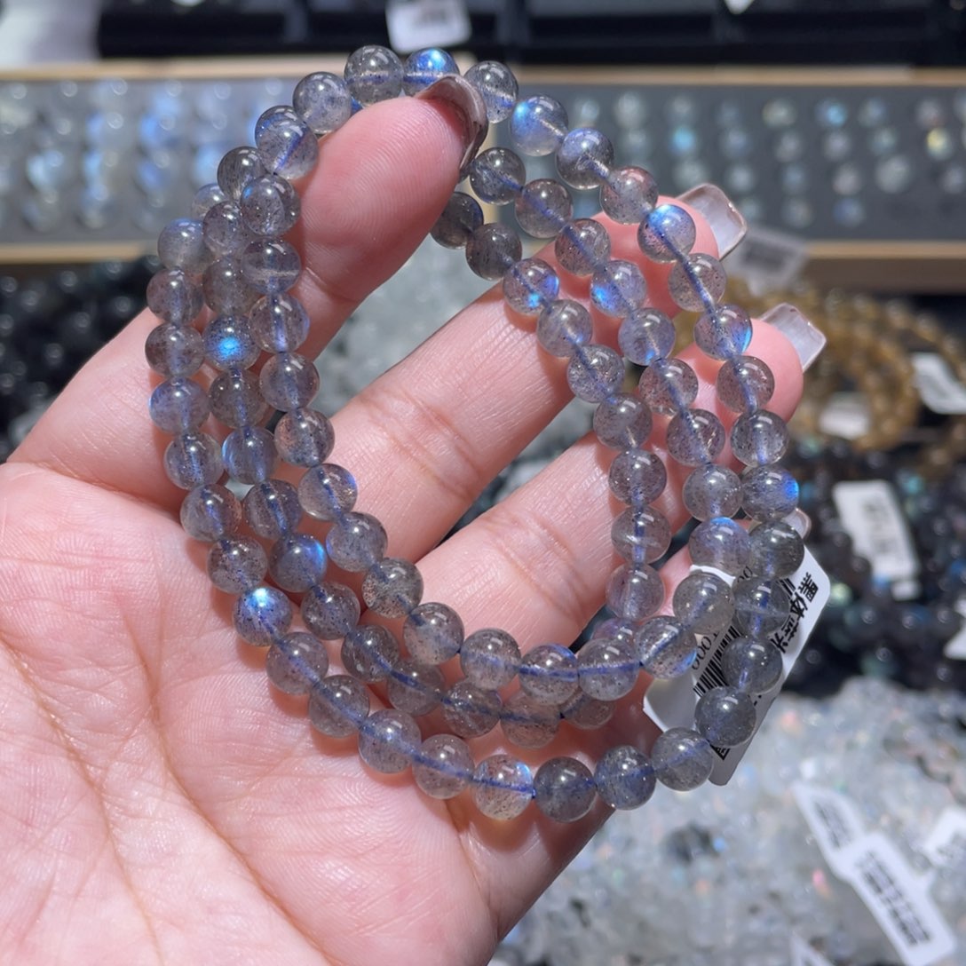 长石未镶嵌手链马岛纯蓝光灰月光手链多圈6mm