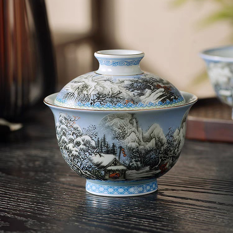 景德镇手工制作描金粉彩瑞雪兆丰年高端陶瓷茶具二才元宝盖碗