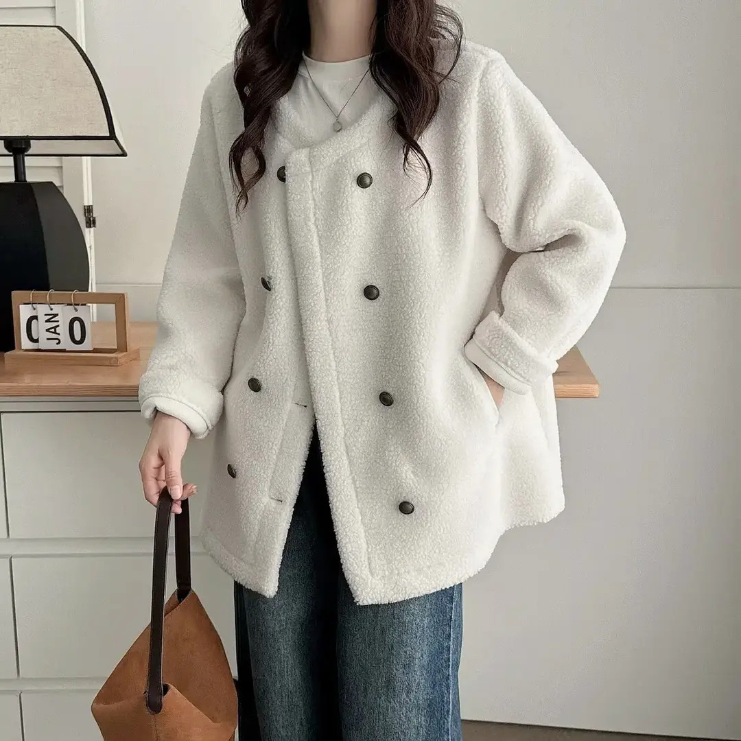 大码双排扣卷毛外套冬季保暖宽松韩版ins上衣遮肉加厚气质百搭衫