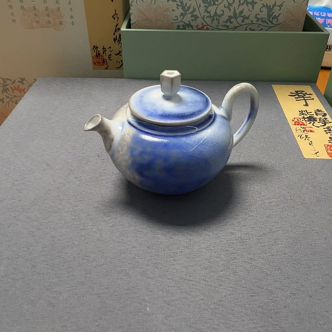 陶柴烧青花泼墨鹰嘴壶九石烧作品