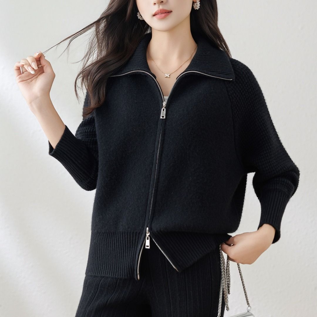 Y15元宝 翻领 拉链 100%羊绒开衫CKM0001