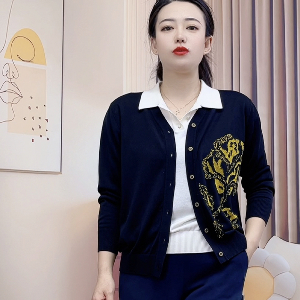 《开衫》黑金玫瑰V领提花针织长袖开衫