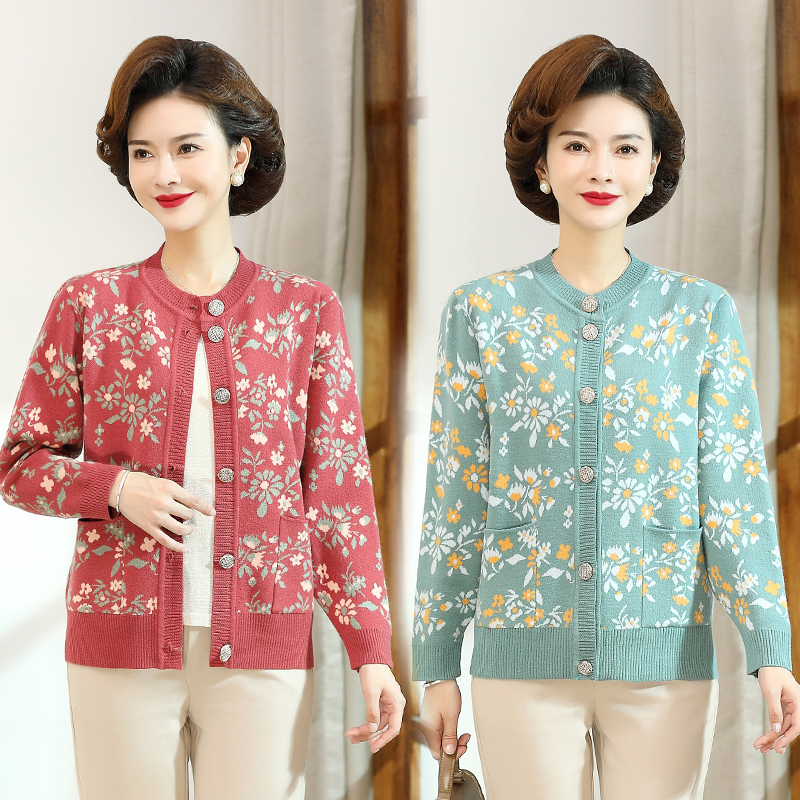 2025中老年妈妈装春秋时尚气质减龄洋气显瘦圆领开衫女士毛针织衫