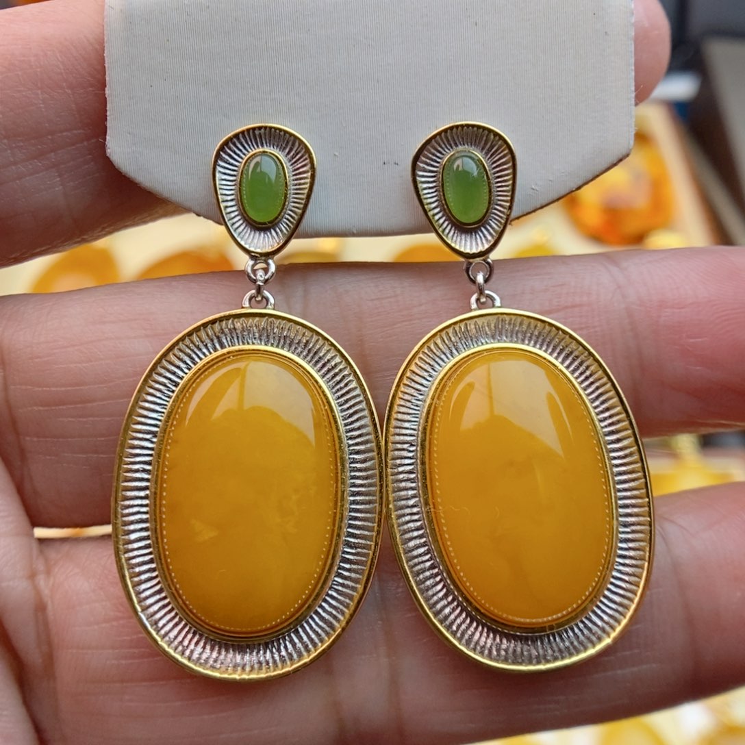 琥珀耳饰银S925镀金镶嵌