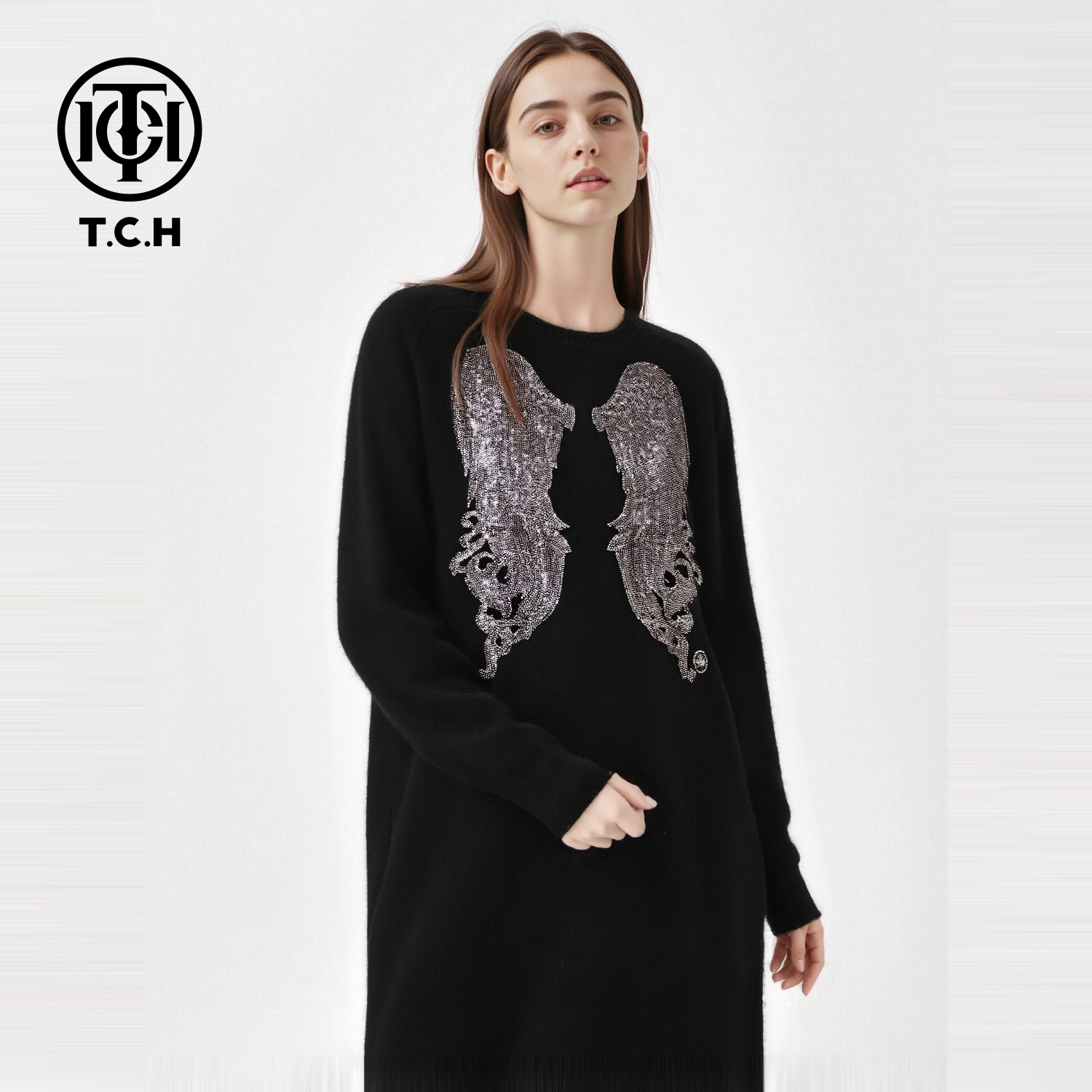 TCH-时尚潮牌翅膀烫钻【纯绵羊毛】黑色连衣裙T75D30E1055