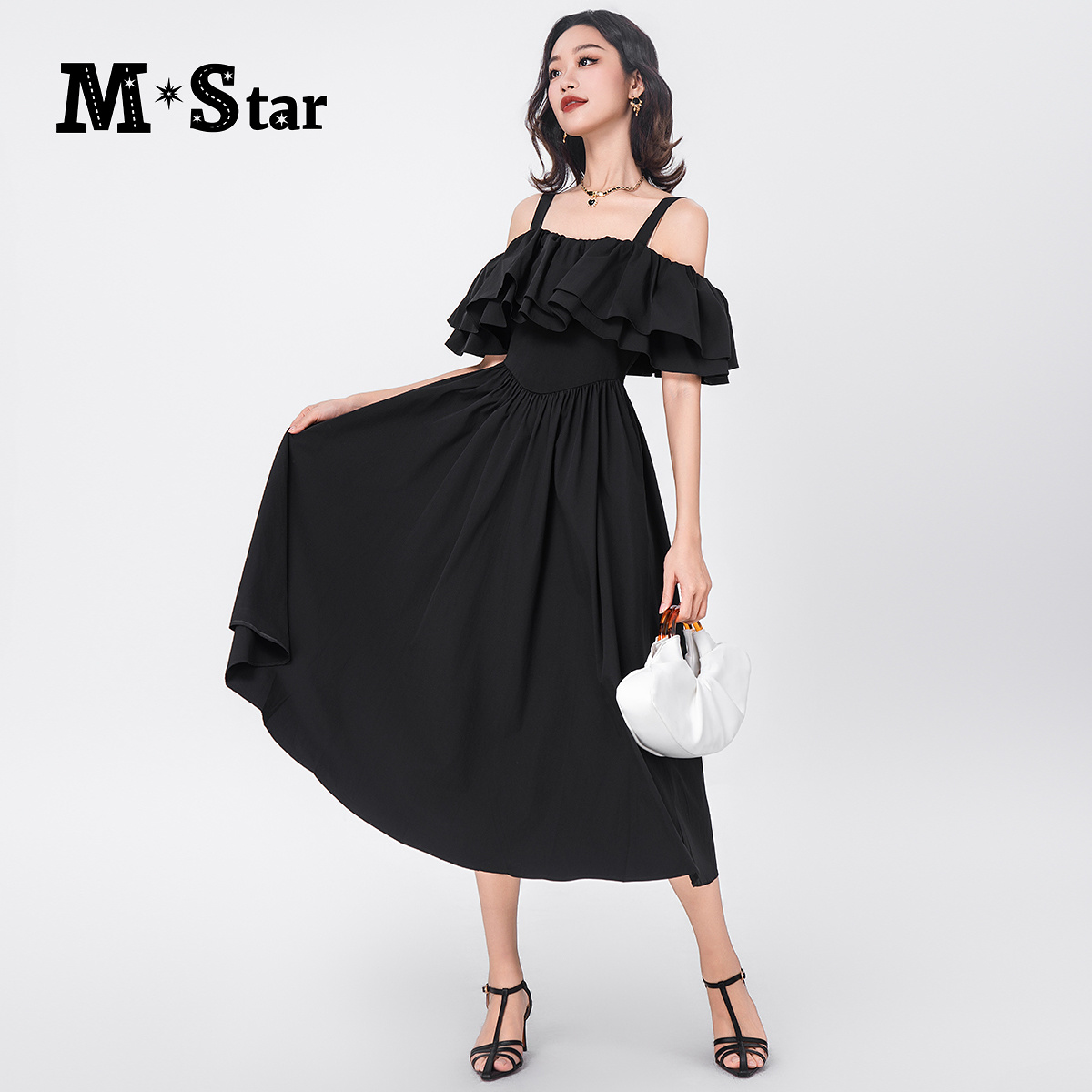 【蜜思仝】M-Star法式气质小黑裙一字肩连衣裙SFAL122830