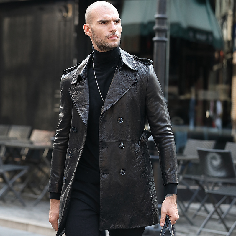 2025年秋男士真皮风衣西装领后中开叉海宁进口羊皮修身中长款外套