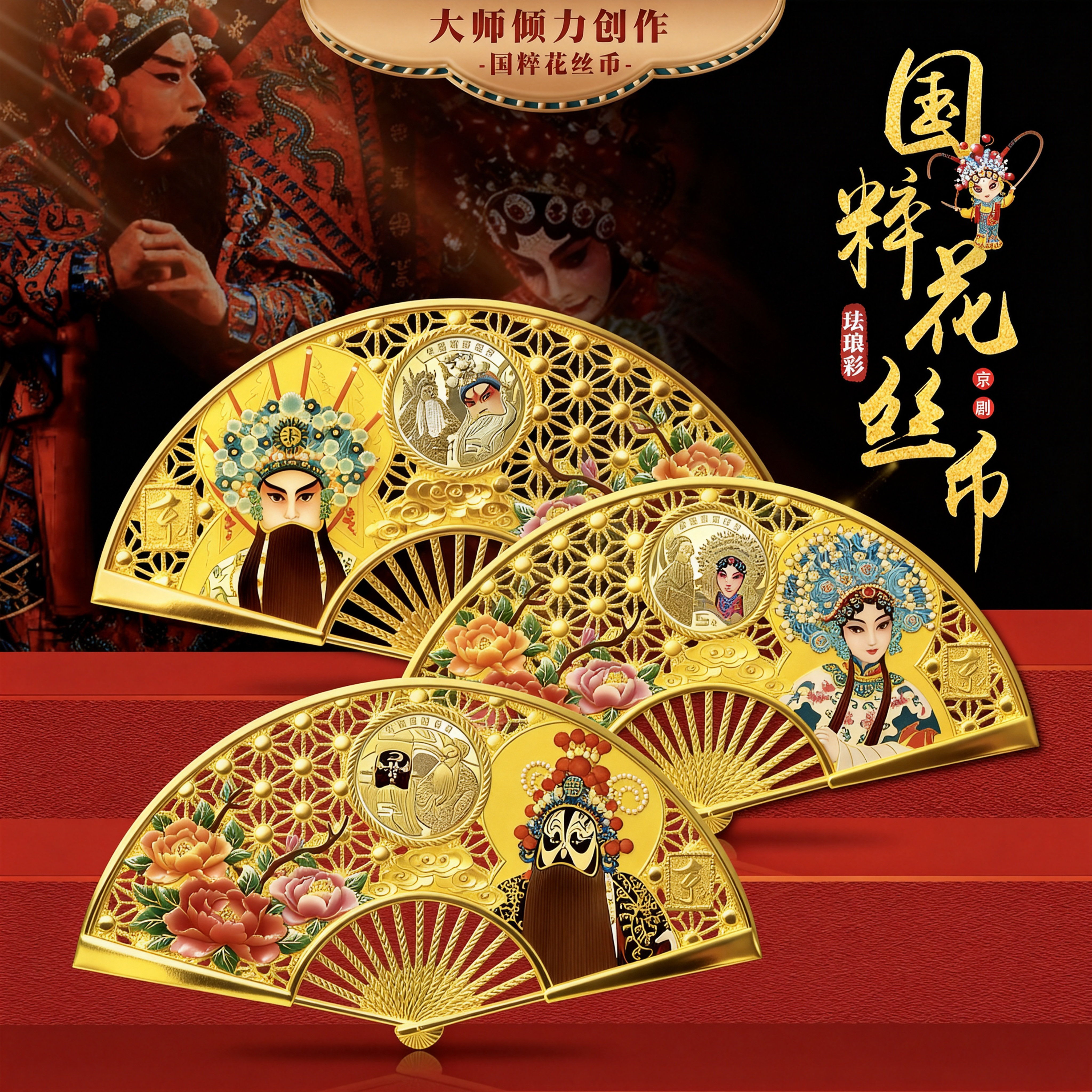 【珐琅彩扇形国粹花丝币】丁明鸿创作，北京工美金作工坊监制出品