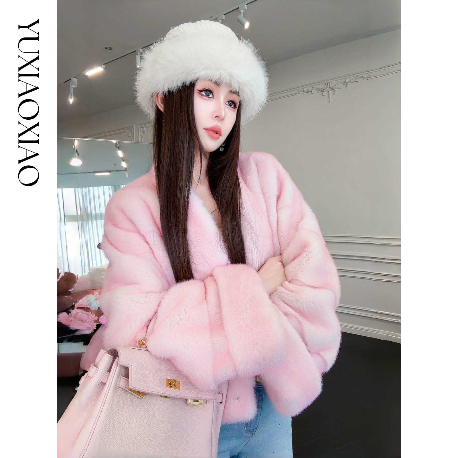 余潇潇【绝色芍药】高级感100皇冠天鹅绒水貂内里V领皮外套