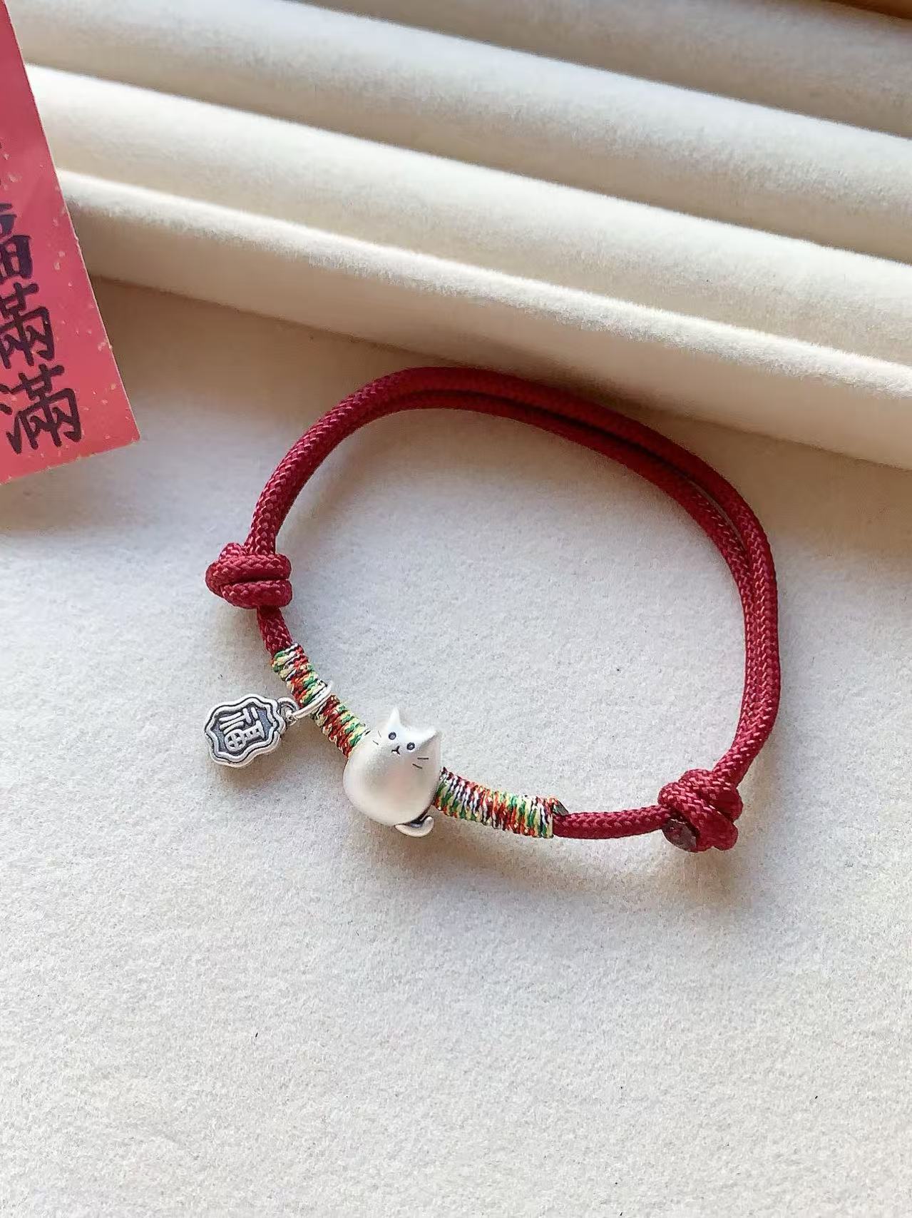 925银手链 足银通用甜美福猫复古宫廷学生女可调节纯手工编织绳编