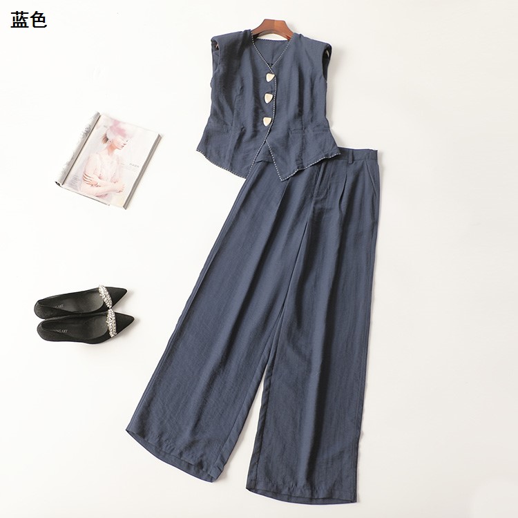 410955夏长款无袖V领马夹裤子套装