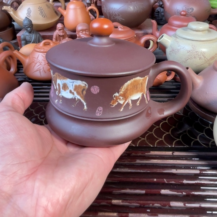 紫砂盖杯紫泥五牛
