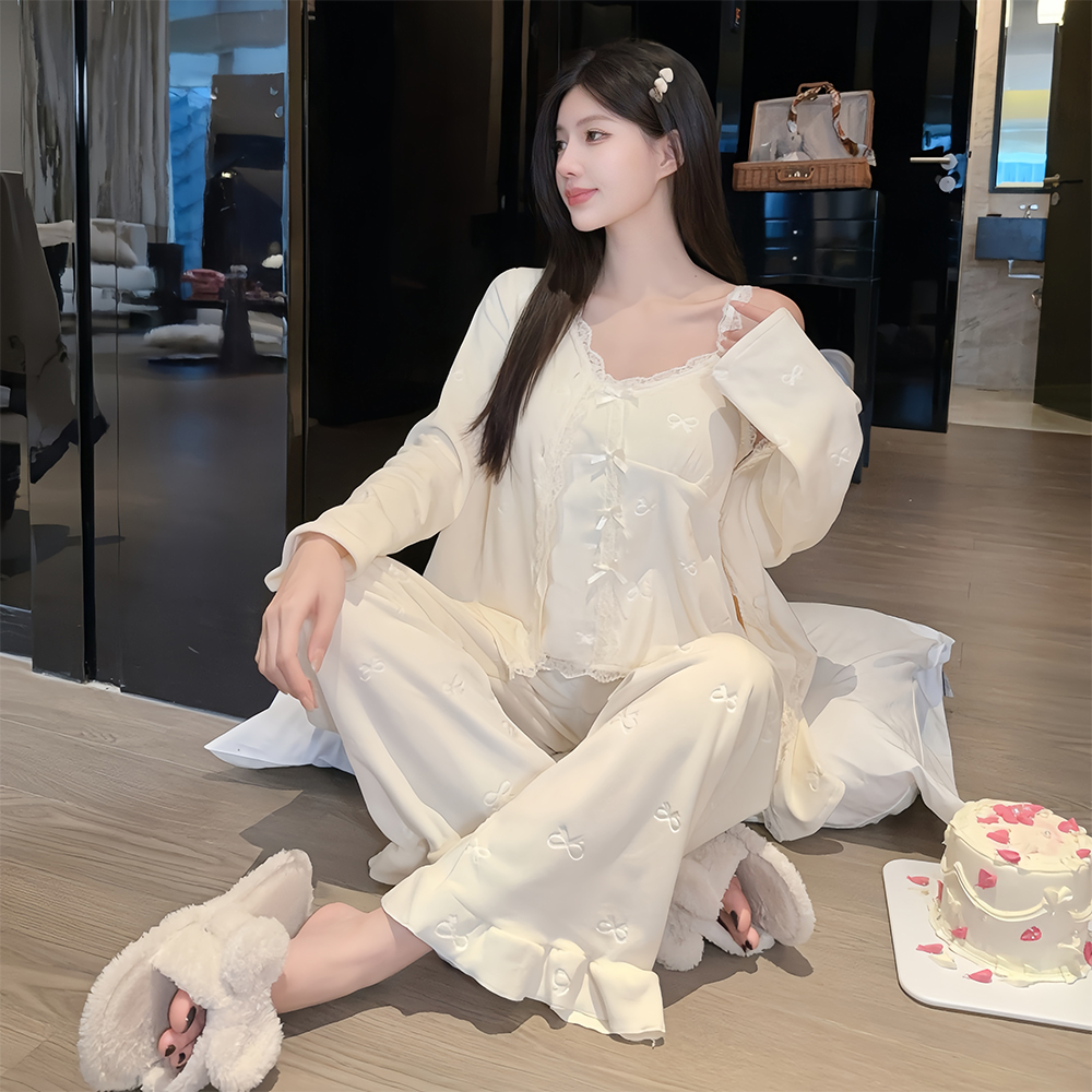 冬款长袖双面海岛绒睡衣三件套【春和】软乎乎蝴蝶结压花居家带胸垫