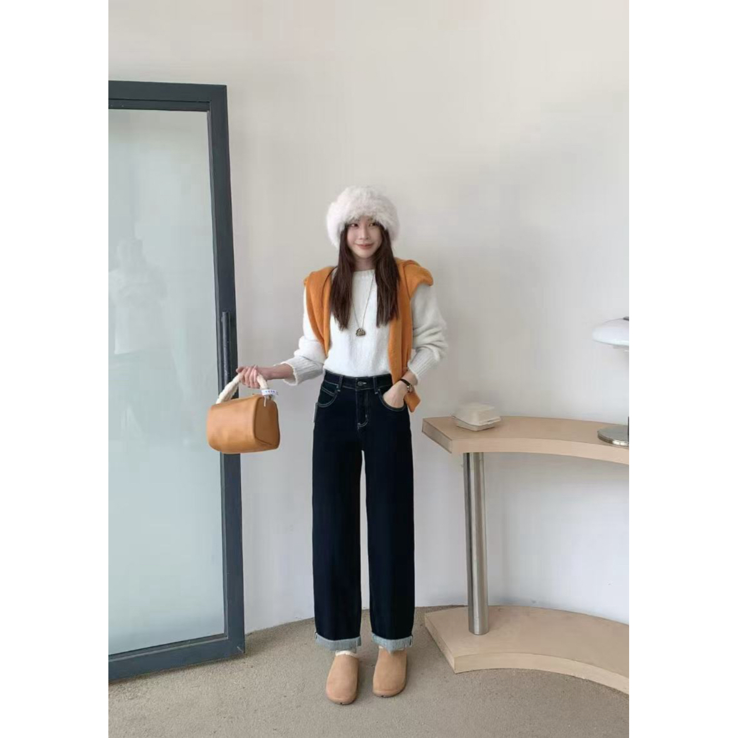 爱唯依（F）-复古洗水！高腰直筒加绒牛仔裤（BO66525#）BOYIYI