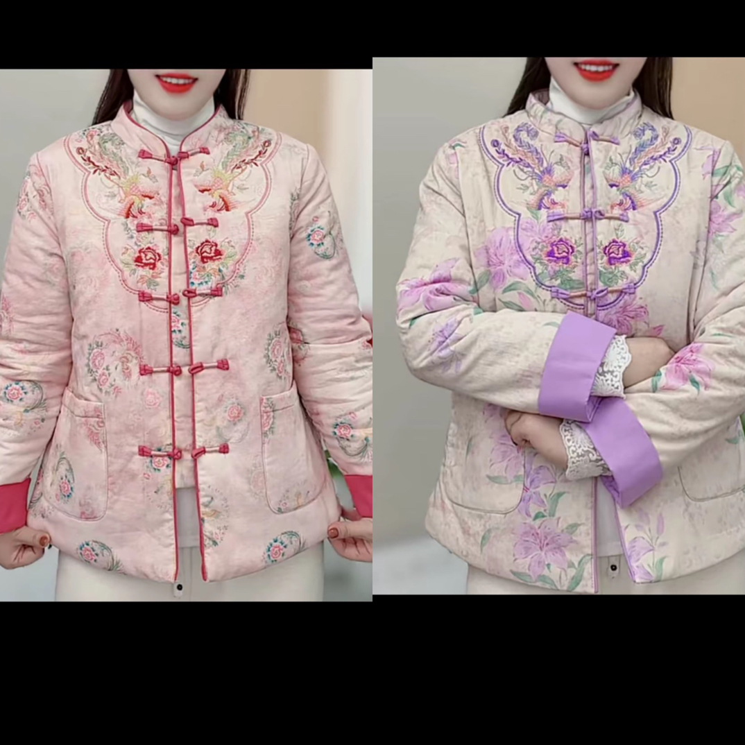中式复古立领绣花盘扣加厚短款冬季女士棉衣外套