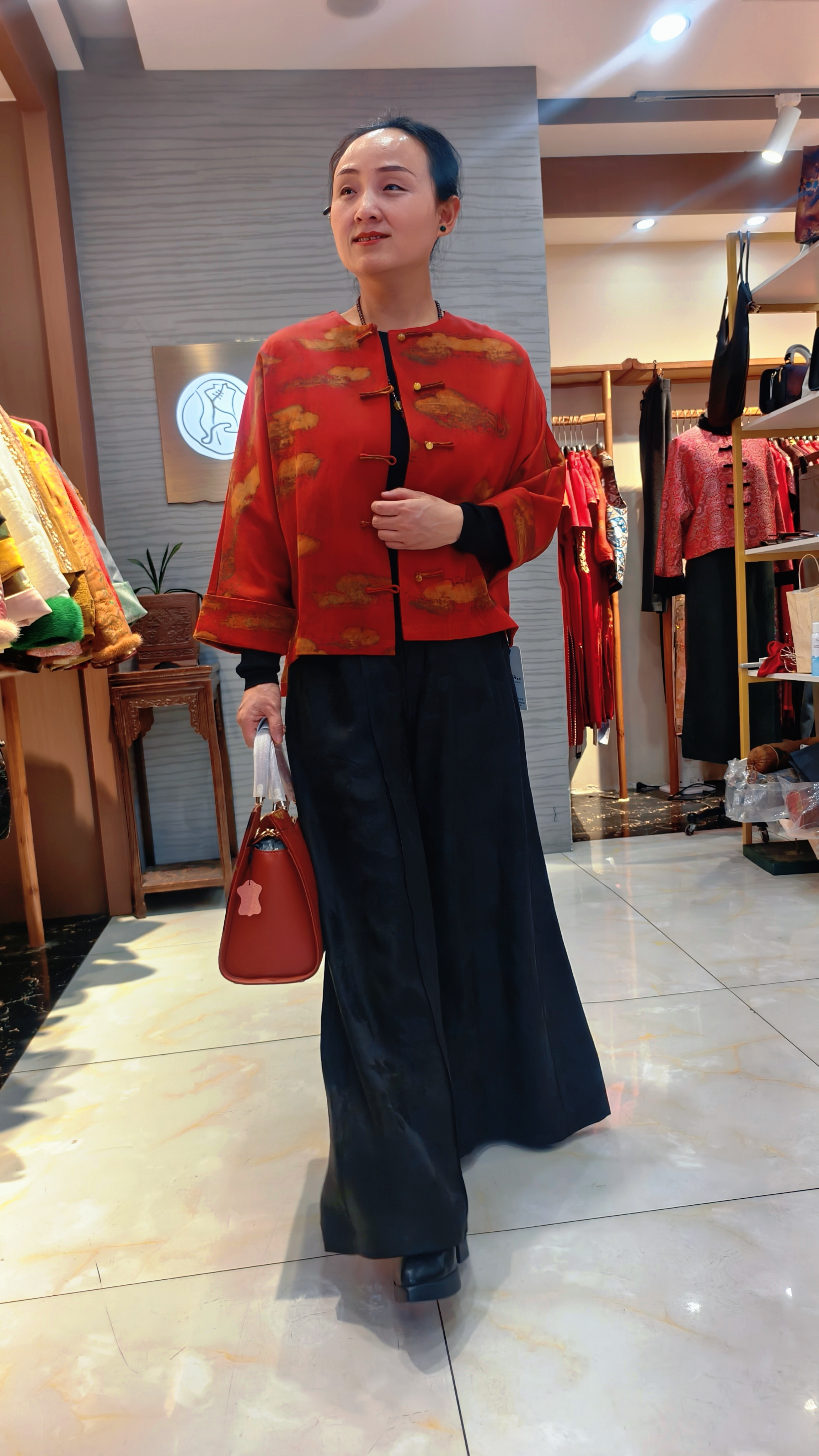 老上海丝绸 | 香云纱红底祥云中式复古上衣