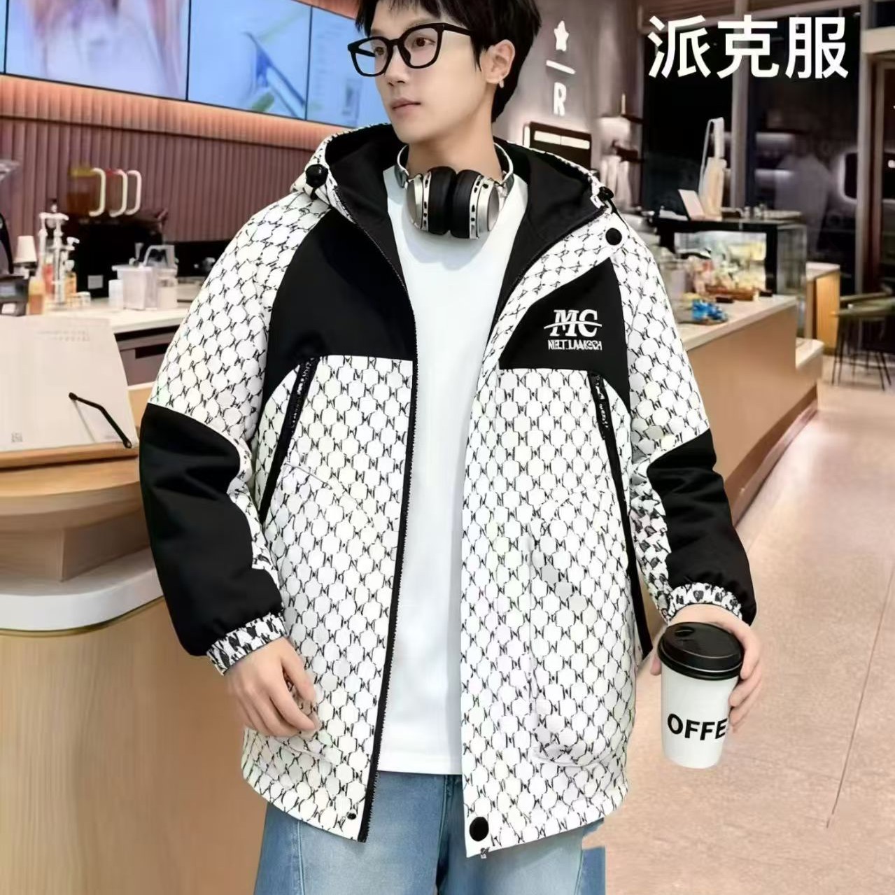 6-12岁男童加厚外套连帽潮流冲锋衣派克服休闲冬季