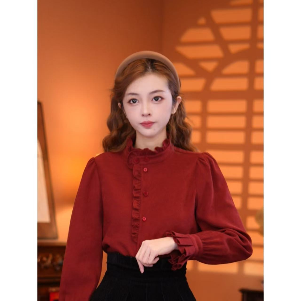 乐乐【浆果萃梦】港味复古气质设计感秋冬长袖上衣03456