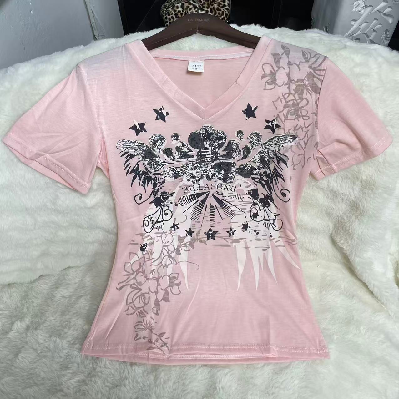 [胖鹅张] 星星印花收腰v领短袖上衣 #1185[实物以直播间展示为准]