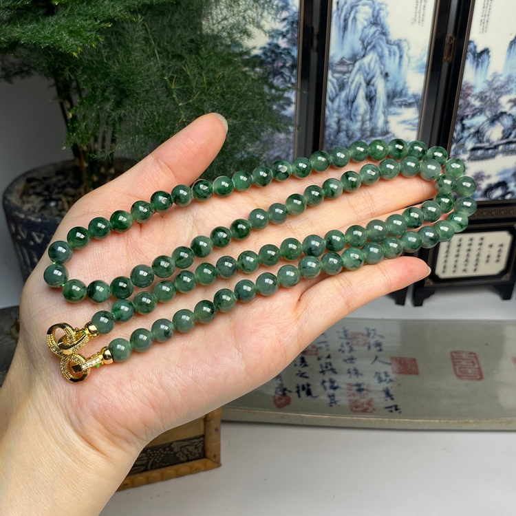 老种飘花油绿满色圆珠项链手链 天然翡翠A货