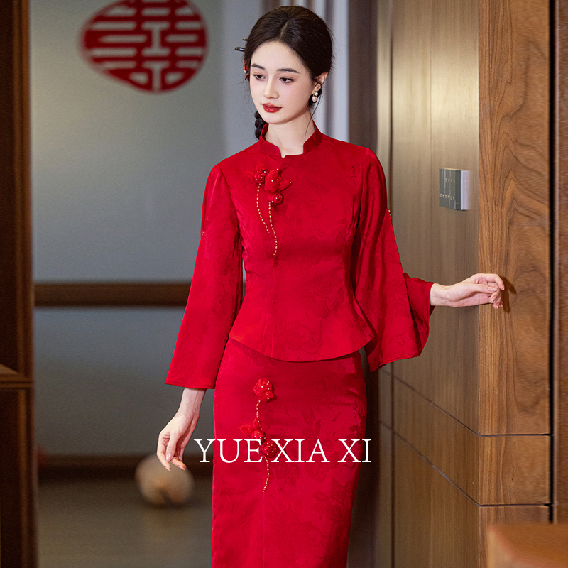【月下兮-朱砂韵】订婚红色旗袍新娘两件套敬酒服中式礼服出阁嫁衣