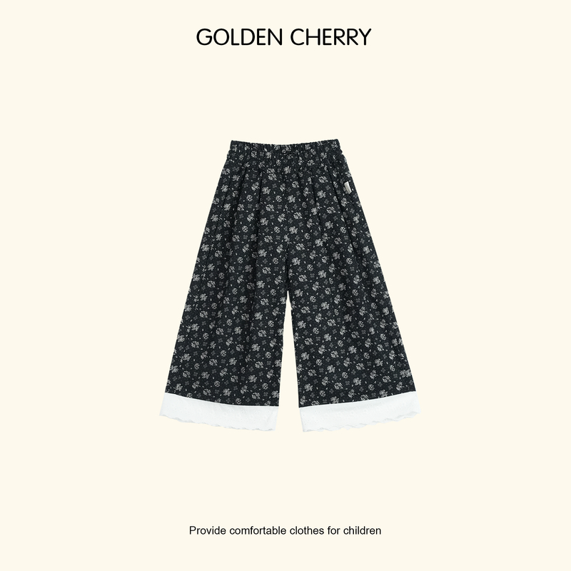 【金樱桃Golden cherry】小童黑色碎花满印蕾丝裤脚休闲裤QDD610